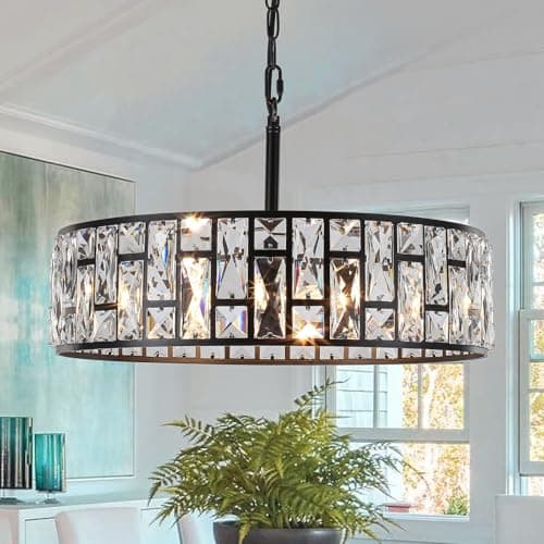 Image of Rviezza Black Crystal Ceiling Lights, Modern 5-Light Crystal and Metal Chandeliers, Industrial Hanging Lighting with Round Shade, Vintage Pendant Light with E14 Dimmable Base for Home