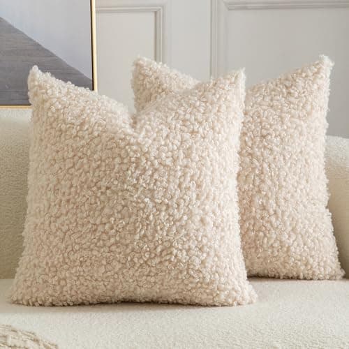 Image of YAERTUN Pack of 2 Faux Fur Cushion Covers Decorative Sherpa Boucle Throw Pillow Covers Fuzzy Soft Sheepskin Fleece Pillowcases for Couch Sofa Bed Living Room 18x18 Inch 45x45cm Beige