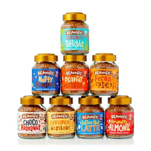 Image of Beanies Flavoured Instant Coffee, Nut Flavoured Coffee Gift Box 400g (8 x 50g Jars) - Nutty Hazelnut, Peanut Butter Cup, Cinnamon Hazelnut, Coconut, Toffee Nut Latte, etc., Sugar Free