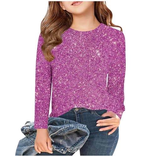 Image of Girls Tops Sequin Crew Neck Going Out Shirts England T Shirt Tunic Tops Clothes Gifts Blouses UK Elegant Long Shirts UK 3-14 Years Hot Pink 13 Years