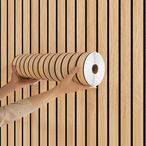 Image of Wood Wall Panels,40 x 300 cm Brown Self Adhesive Wood Grain Slat 3D Wall Panel Soundproof Self-Adhesive Wall Panel Self Adhesive Foam Wood Slat Wallpaper for TV Background Bedroom Living Room