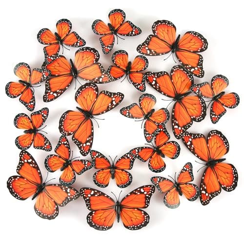 Image of 24pcs Monarch Butterfly Magnets, Artificial 3D Butterfly Wall Stickers Decal for Crafts Wall Home Decor Art Room Refrigerator Halloween Birthday Party (Orange)