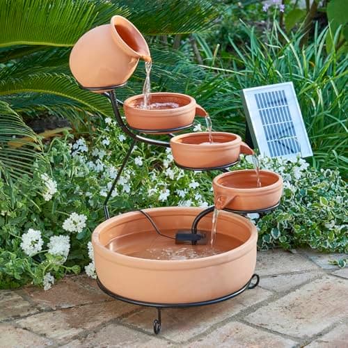 Image of Primrose 55cm Solar Powered Terracotta Bowls 4 Tier Cascade Water Feature with Battery Backup and LED Lights Outdoor Use