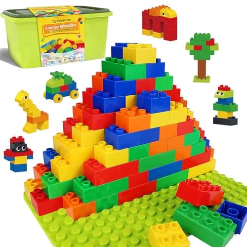Image of shineFinder Large Building Blocks Set, Compatible with Duplo Bricks, Educational Toy with Stone Box + 2 Base Plates, Creative Building Set Gift for Boys Girls from 3 Years