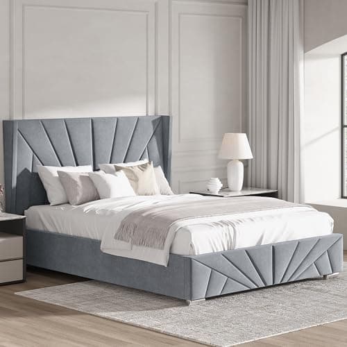 Image of Blisswood King Size Ottoman Bed Frame, Upholstered Gas Lift-Up Storage Bed with Headboard, 5ft Kingsize Velvet Finish, Wooden Slats Bed Frame for Bedroom or Guest Room (150x200cm Grey_No Mattress)