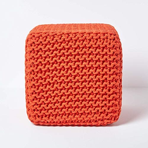 Image of HOMESCAPES Burnt Orange Knitted Cube Footstool Bean Filled 100% Cotton for Living Room Children or the Elderly