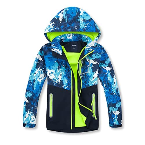 Image of BuyiRen Boys Windbreakers Jacket Rain Jackets Hooded Raincoat Fleece Lined Rain Coats for Kids, Blue Art Camo, 5-6 Years