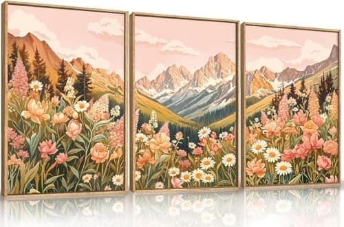 Image of TOARTi Abstract Colorful Mountain Framed Canvas Wall Art,Boho Pink Flower Wall Decor, Nature Wildflower Wall Painting,Bohemian Artwork for Living Room,Bedroom,Dining Room,Office -12x16inchx3