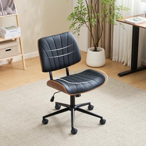 Image of Bonnlo Stylish Walnut Vanity Chair, Dressing Table Chair with Wheels, Wide Curved Seat & Back Armless Ergoromic Adjustable-Height Home Office Desk Chair Perfect for Office, Bedroom (Black)