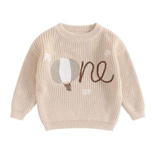 Image of Newborn Baby Girl Boy Warm Clothes Letters Embroidery Long Sleeve Knit Sweater Knitted Pullover Jumper Top Sweatshirt Chunky Knitwear Toddler Infant Fall Winter Outfits (Ivory, 12-18 Months)