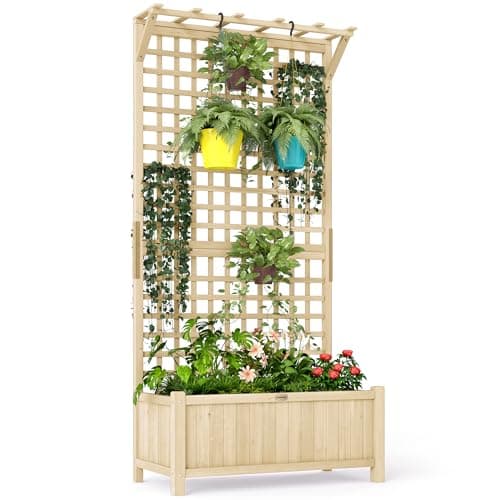 Image of Outsunny Wood Planter with Trellis for Climbing Plants, Raised Bed, Planter Box with Drainage Holes to Grow Vegetables, Herbs and Flowers for Garden, Patio, Yard, Natural Wood Finish