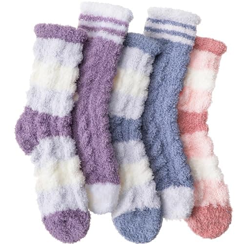 Image of EBMORE Fluffy Socks Women Slipper Bed Comfy Fleece Cabin Plush Warm Sleep Soft Cosy Winter Christmas Gifts Stocking Fillers for Women Ladies Mum Socks(Mix Stripe Weave B)