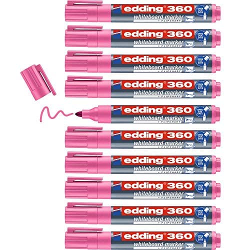 Image of edding 360 whiteboard marker - pink - 10 whiteboard pens - round tip 1.5-3 mm - whiteboard pen dry wipe - for whiteboards, flipcharts, pinboards, magnetic and memo boards - sketchnotes