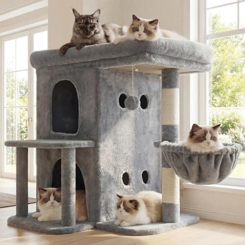 Image of Heybly Cat Tree, 65cm Cat Tower with Spacious Top Perch for Large Cats, Stair-Style Cat House Furniture with Dual-Layer Condos, Sisal Scratching Posts, Cozy Basket & Pompom, Light Gray HCT204SW