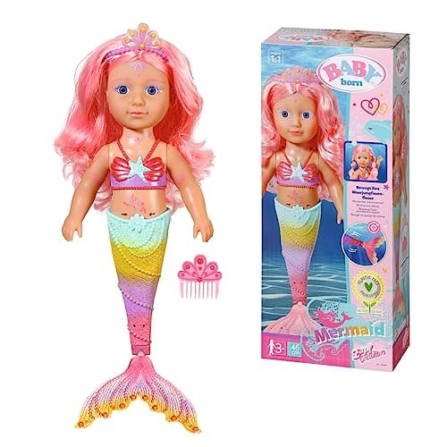 Image of BABY born Little Sister Mermaid - 46cm Mermaid doll with body tattoos, a moving tail hair for styling - Includes comb and tiara - Suitable for children aged 3+ years - 833681
