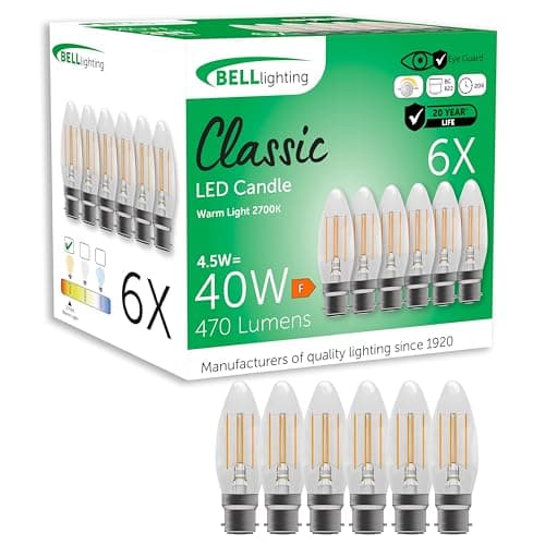 Image of BELL Lighting B22 Bayonet Filament Dimmable Light Bulb LED Candle 6 Pack | Warm White 2700K | 470 Lumen 4.5W | Energy Saving Candle LED Light Bulb | 40W Lamp Equivalent