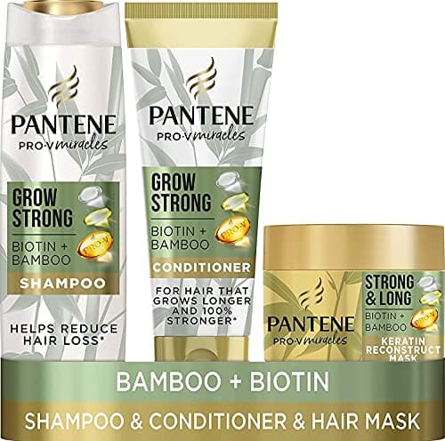 Image of Pantene Grow Strong Shampoo And Conditioner Set + Keratin Hair Mask Helps Reduce Hair Loss, For Dry Damaged Hair, Full-Size Hair Growth Shampoo, Conditioner & Keratin Treatment Hair Mask