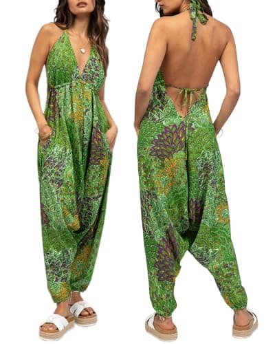 Image of likemary Jumpsuits for Women UK - Harem Jumpsuit All in One - Halter Neck Genie Romper with Pockets - Sexy & Comfy One Piece Ideal for Holidays Peacock Green