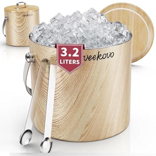 Image of 3.2L Insulated Ice Bucket with Lid and Tongs, Double Wall Stainless Steel Ice Bucket, Teakwood Finish, BPA Free Ice Bucket, Perfect for Home Bars, Pubs, Restaurants, BBQs and Gift (Teakwood Finish)