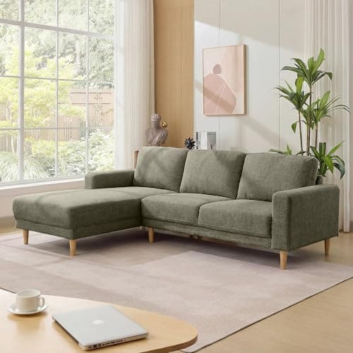Image of Kingfun L Shaped Corner Sofa, 229cm L Shape Chenille Couch with Solid Wood Legs, Soft Upholstered 3-Seater Corner Modern Sofa with Spring Cushion, Apartment Furniture for Livingroom & Bedroom, Green