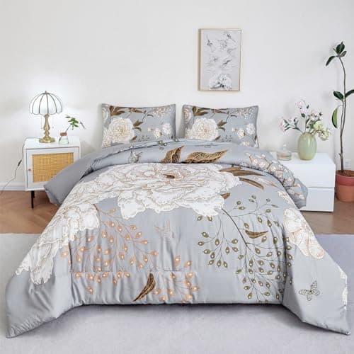 Image of STYHO 3Pcs Grey Duvet Cover Floral Double Farmhouse Large Blossom Flower Bedding Set Soft Aesthetic Butterfly Leaves Printed Duvet Cover Set for Women Adults(Grey, Double)