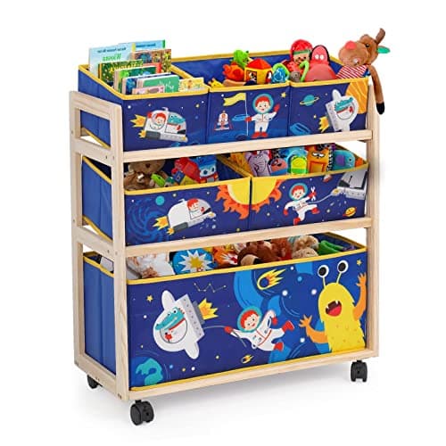 Image of NUKied Kids Toy Storage Organizer 3-Tier Wooden Children Storage Rack with Wheels 6 Detachable Storage Bins Extra Large Capacity Bookshelf Bookcase Display Stands Shelf Multi Cabinet for Books Toys