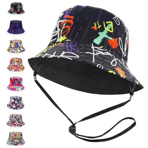 Image of GLGHMH Unisex Reversible Bucket Hat with String, Double-Side Cotton Trendy Summer Fisherman Hat, Travel Sun Fisherman Bucket Hats for Women Men Boy Girl (Black)