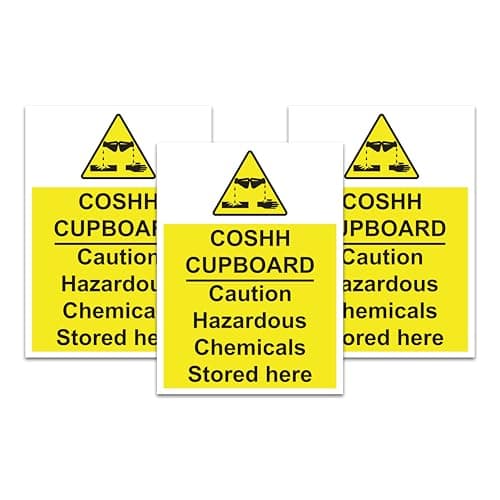 Image of Dam Words 3 x COSHH Cupboard Safety Sign | 200mm x 150mm Premium Vinyl Sticker | Self-Adhesive, UV Resistant, Waterproof | Health and Safety Signs | Yellow, Black