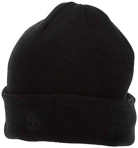 Image of Timberland Men's Cuffed Beanie with Embroidered Logo Cold Weather Hat, Black, One Size
