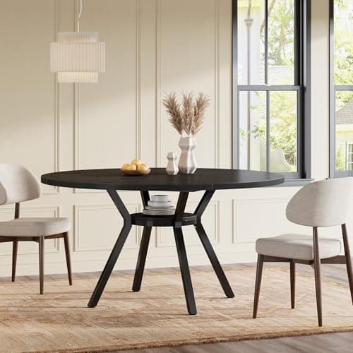 Image of Tribesigns Round Black Dining Table, 120CM Large Kitchen Tables for 4-6 People,Modern Style with Metal Legs for Dining Room Kitchen Cafe (Only Table) (Black)
