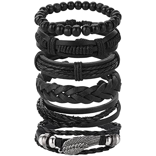 Image of Yolev 6Pcs Punk Leather Bracelets, Men Leather Woven Bracelet, Vintage Braided Bracelets for Women, Adjustable Length