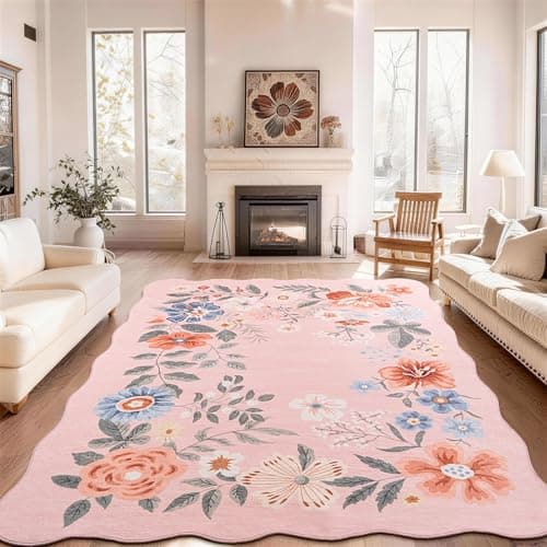Image of SOANNY Floral Living Room Rug, Vintage Scalloped Boho Area Carpet, Soft Low Pile Washable Non Slip Stain Resistant Rugs for Bedroom Entryway Vanity Office Dining Room, 160x230 cm, Blush Pink