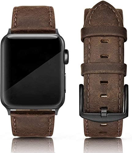 Image of PARMPH Leather Strap Compatible with Apple Watch Band 42mm(Series 3/2/1) 44mm 45mm 46mm, Retro Vintage Genuine Leather Band Compatible with iWatch Series 10 9 8 7 6 5 4 3 2 1 SE Sports & Edition Men