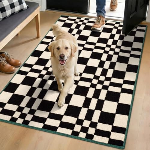Image of Biscpro Checkered Grid Checkerboard Dirt Trapper Indoor Doormat,80x120cm Welcome Door mat,Non Slip Door Mats Indoor,Washable and Absorbent Low-Profile Entryway Rug for Hallways,Kitchen,Laundry(Black)