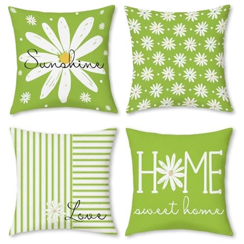 Image of Hopomoon Spring Green Daisy Cushion Covers Set of 4,Floral Daisy Striped Farmhouse Decorative Short Plush Fabric Square Pillowcase for Couch Sofa Indoor Home Decor,45 X 45 cm