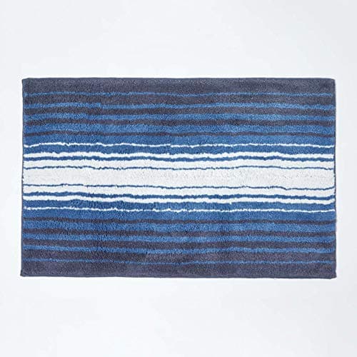 Image of HOMESCAPES Super Absorbent Soft 100% Cotton ‘Devon’ Blue and White Bathmat with Striped Geometric Pattern and Non Slip Latex Backing, 50 x 80 cm Large Shower Mat Machine Washable