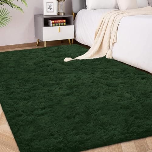 Image of FVVRAX 90x150cm Dark Green Shaggy Rug – Soft Fluffy Area Rug for Living Room & Bedroom, Non-Slip Plush Carpet for Kids, Nursery, Dorm, Machine Washable Large Floor Mat