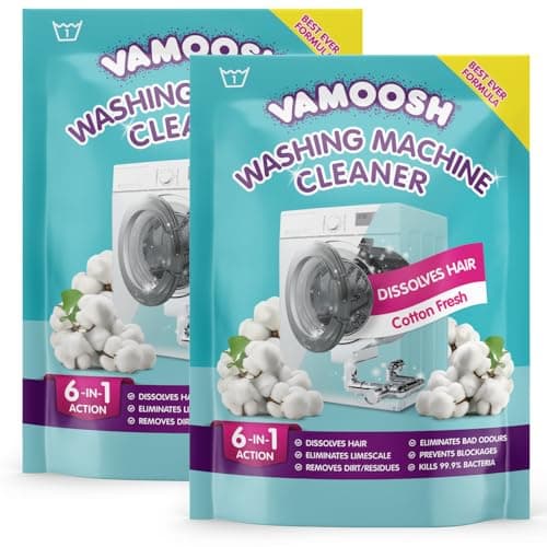 Image of Vamoosh 6-in-1 Washing Machine Cleaner, Dissolves Hair, Eliminates Bad Odours, Removes Limescale, Deep Clean, Leaves Smelling Fresh, Antibacterial, Descales (Cotton Fresh, Pack of 2)