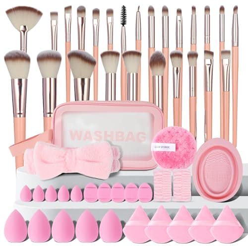 Image of LOPHE Makeup Brushes 51-Piece Complete Set, Professional Synthetic Foundation Blush Eyeshadow Powder Brushes with Beauty Sponges, Powder Puffs, Cleaning Tools, Cosmetic Bag, Pink