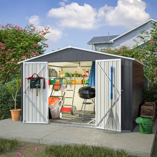 Image of BIRCHTREE Garden Shed Metal Apex Roof 10FT X 8FT Outdoor Storage With Free Foundation Anthracite and White