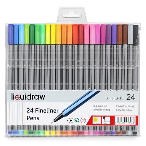 Image of Liquidraw Multicolour Fineliner Pens - Set of 24 Assorted Colours | Fine Point 0.4 mm Tip | Storage Wallet | Coloured Pens For Artists, Handwriting, Drawing, Sketching | Fade Resistant Ink