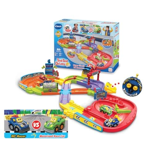 Image of VTech Toot-Toot Drivers Super Circuit RC Raceway, Toy Car Playset with 2 Vehicles Included, 3 Exciting Crash Zones, Songs & Fun Phrases, Interactive Toddler Toy 12 Months, 2, 3, 4 +, English Version