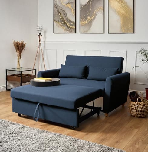 Image of Bravich Dahlia Navy Blue 2 Seater Pull Out Sofa Bed | Compact Double Sleeper Sofabed | Modern Linen Fabric Convertible Couch for Small Spaces, Living Room, Guest Room | 140cm