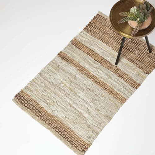 Image of HOMESCAPES Brown Genuine Leather Rug Handwoven Stripe Design Recycled Eco Friendly Real Leather Rug, 60 x 90 cm
