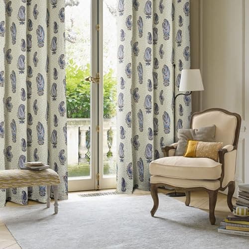 Image of always4u Linen Look Curtains Semi-sheer Eyelet Printed Curtains Blue Paisley Pattern Window Treatments for Living Room Bedroom Decoration Retro Textured 1 Pair W46 x L54 Inches