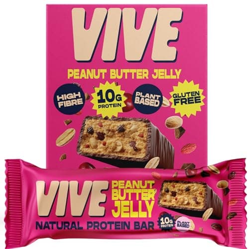 Image of Vive Peanut Butter Jelly Protein Bars – Dark Chocolate Coated, Vegan, High Fibre Snacks – Pack of 12
