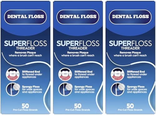 Image of Superfloss, Dental Super Floss Threader, 50 Pre-Cut Strands Pack of 3, Ideal Oral Floss for Braces, Bridges and Wide Spaces, 150 Strands in Total, Mint