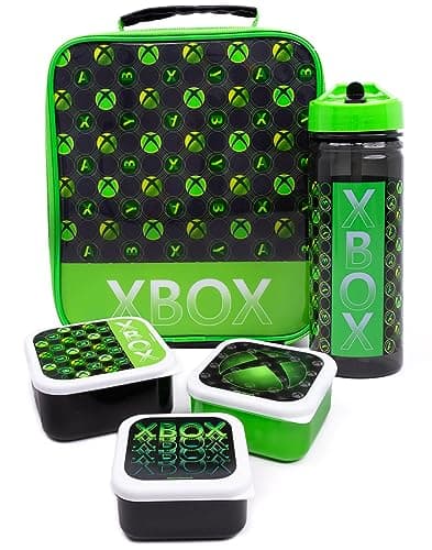 Image of Xbox Lunch Bag for Kids | 5 Piece Game Console Controller Logo School Dinner Bag, BPA Free Water Bottle & 3 Snack Pots | Green Gamer Drink Food Containers