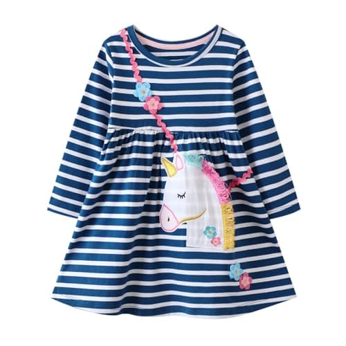 Image of Vckrio Girl Dress Navy Blue White Stripe Shirt Dress Cotton Embroidery Applique Dress with Long Sleeve Kids Flowers Cartoon Pattern Crew Neck Spring Autumn Party Casual Clothes for Children 4-5 Years