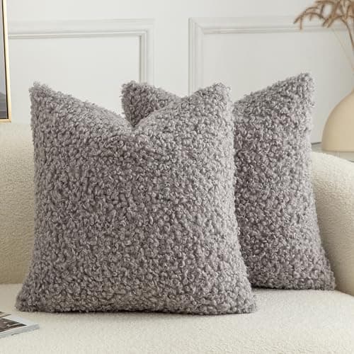 Image of Joyouth Pack of 2 Curly Teddy Wool Faux Fur Cushion Cover Fuzzy Accent Soft Sherpa Pillowcases Sheepskin Fleece Decorative Cushion Case for Sofa Couch Living Room 16x16 Inch Light Grey